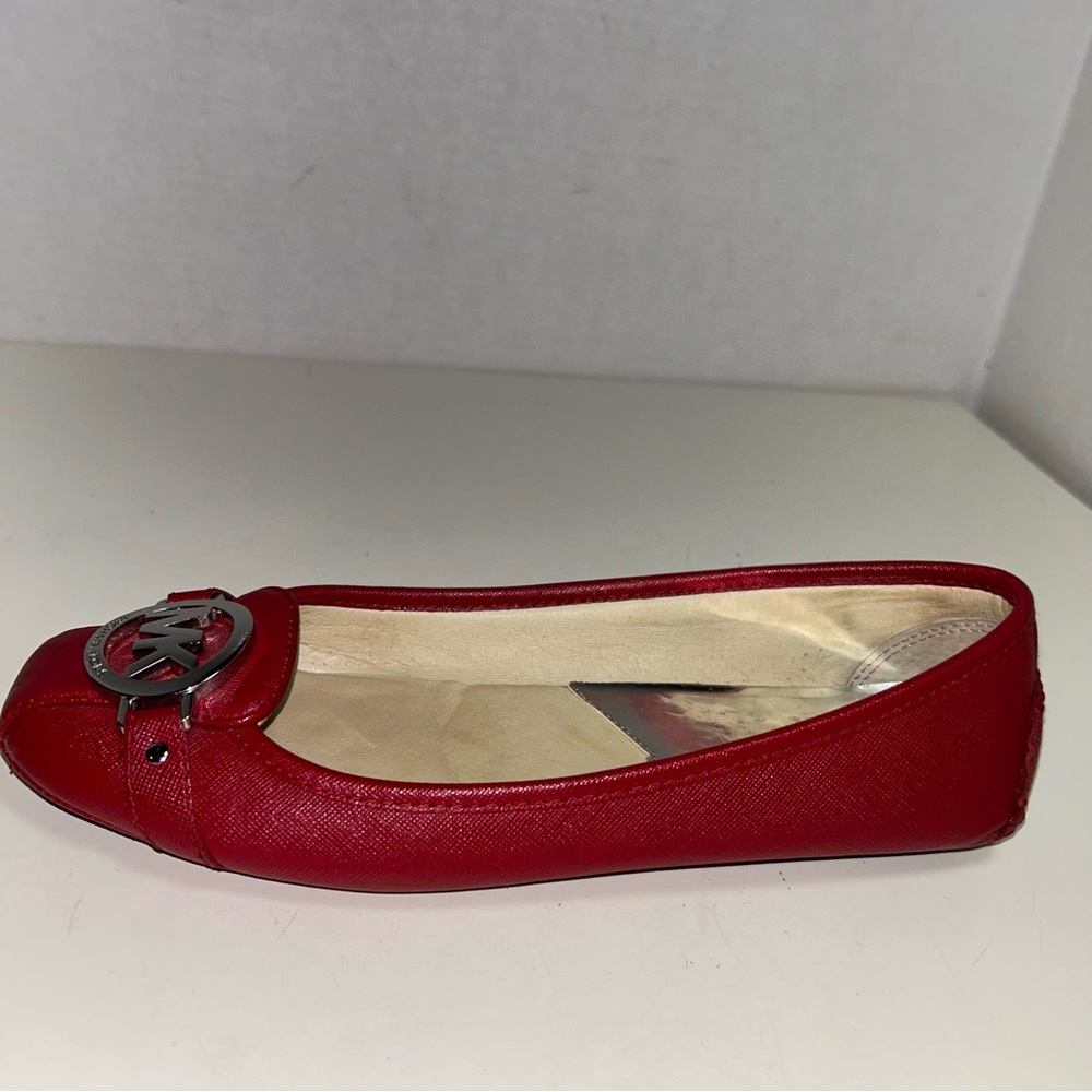 Michael Kors Fulton MK Gold Logo Red Saffiano Leather Slip On Ballet Flat - Picture 7 of 13